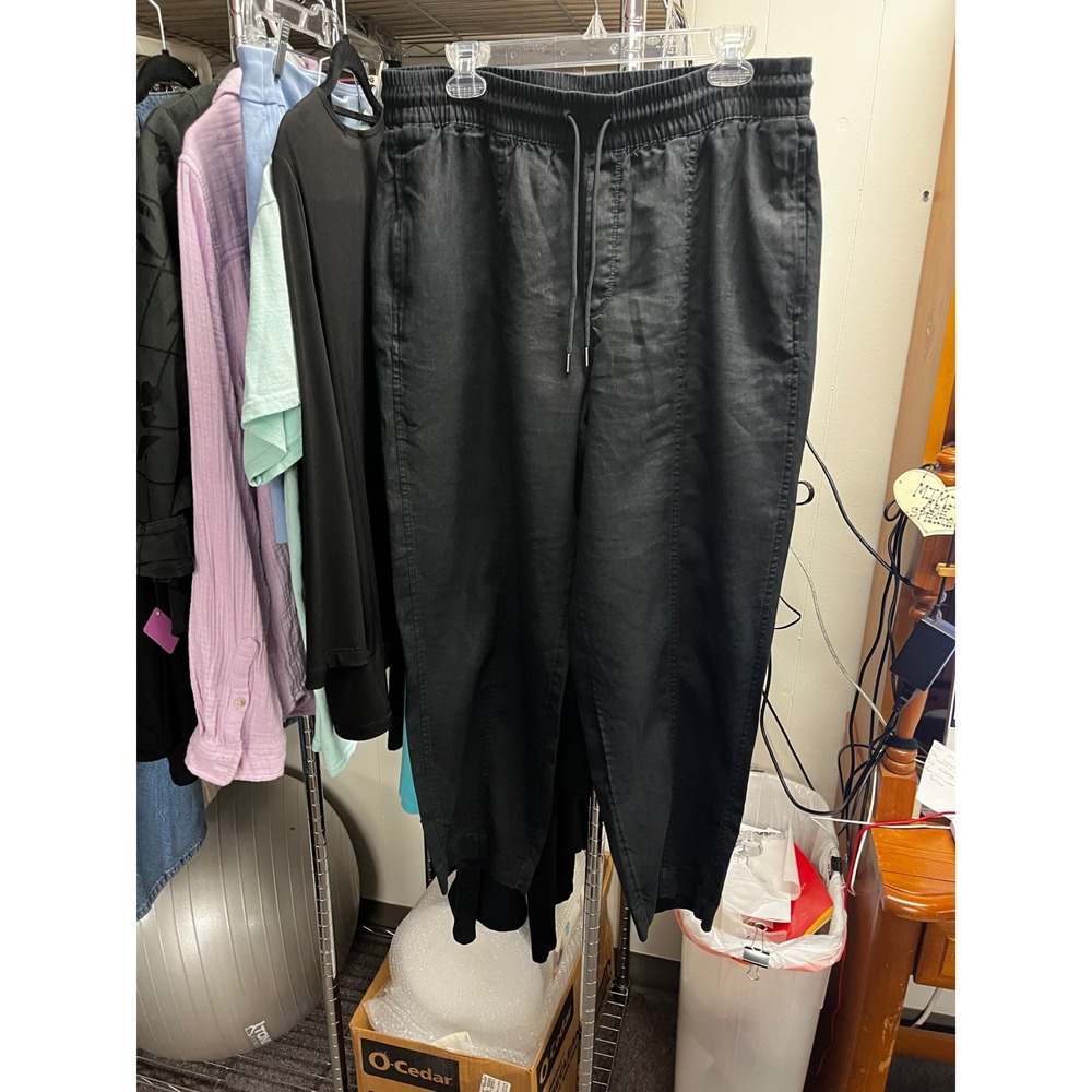 Athleta L Black Retreat High Rise Linen Pants Drawstring Tapered Relaxed Travel